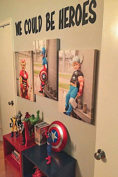 Super heroes bedroom                                                                                                                                                                                 More Spiderman Themed Bedroom, Boys Superhero Bedroom, Super Hero Bedroom Decor, Spiderman Bedroom, Avengers Bedroom, Marvel Bedroom, Avengers Room, Marvel Room, Superhero Bedroom