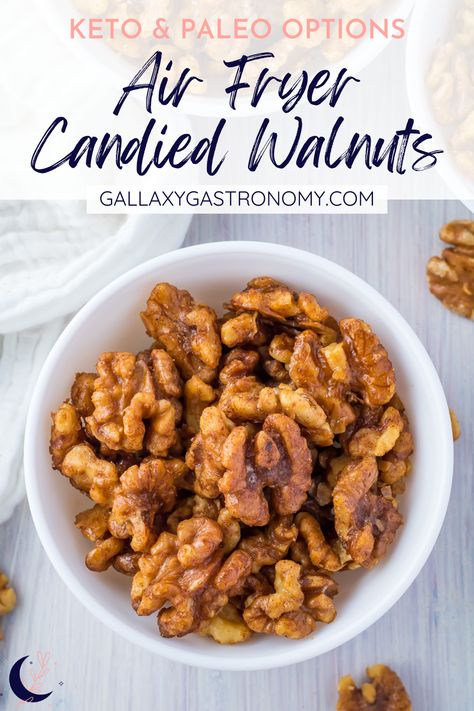 Perfect as a quick snack anytime or a great gift in the holiday season, Air Fryer Candied Walnuts are so moreish. Use regular sugar or make them sugar-free and keto-friendly by using erythritol. Add them to a cheese board or party table, this easy air fryer recipe will become a year-round staple! Air Fryer Candied Almonds, Candied Walnuts In Air Fryer, Candied Walnuts Easy Air Fryer, Keto Walnuts Candied, Air Fryer Nuts Recipe, Air Fryer Almonds, Roasted Walnuts In Air Fryer, Keto Candied Walnut Recipes, Keto Walnut Recipes