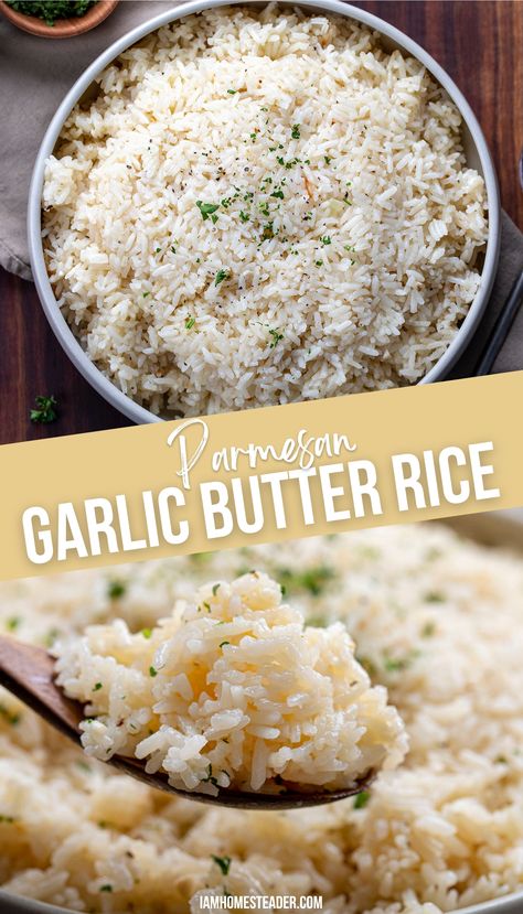 A bowl of parmesan garlic butter rice in a bowl, and a spoonful of the rice mixture. Wife Meals, Sour Cream Rice, Garlic Parmesan Rice, Garlic Butter Rice, Parmesan Rice, Rice Sides, Buttery Rice, Gluten Free Vegetables, Creamed Rice