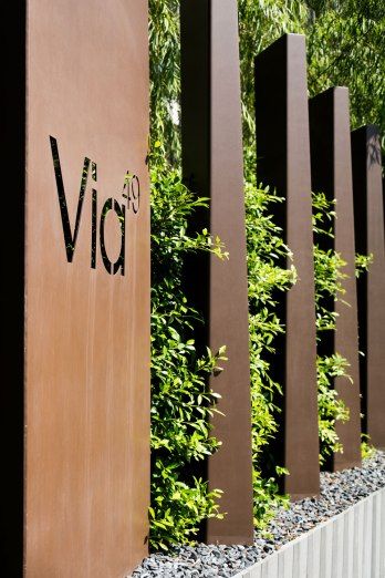 VIA Villa Landscape, Leighton Buzzard, Landscape Gardening, Landscape Architecture Design, Green Walls, Metal Fence, Wayfinding Signage, Corten Steel, Goldfinch