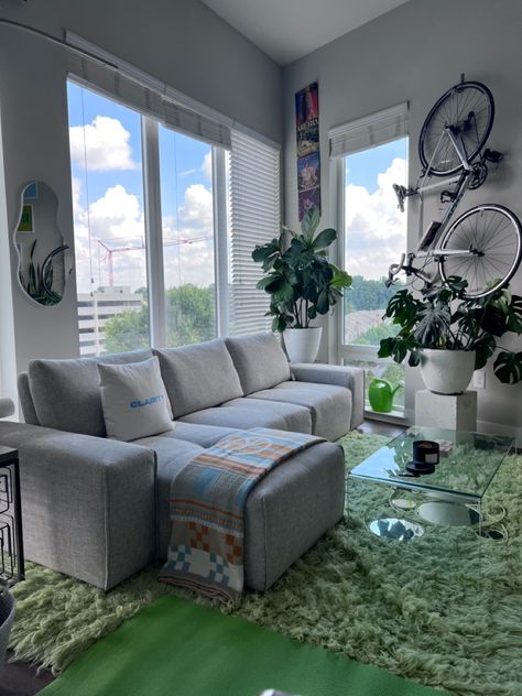 Grey Sofa Green Rug, Gray Couch Living Room Aesthetic, Green Apartment Aesthetic Living Room, Green And Grey Apartment, Grey Couch Green Rug, Green Rug Aesthetic, Grey Couch Living Room Ideas Modern, Grey Couch Aesthetic, Green Apartment Aesthetic