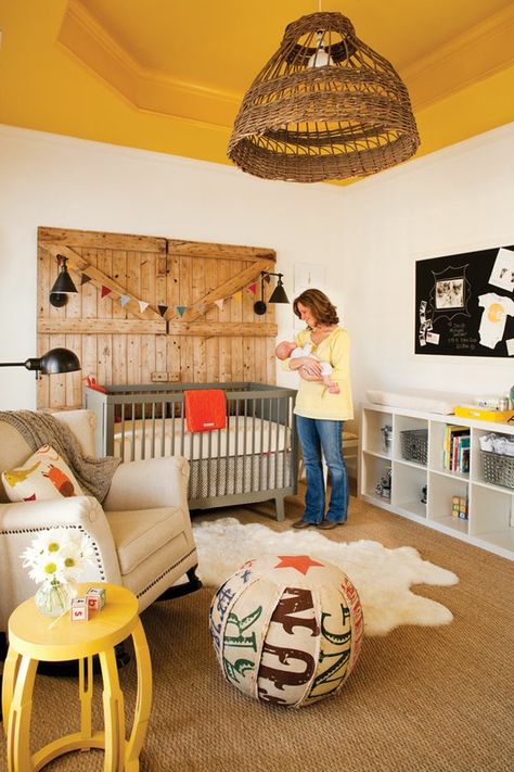 orange ceiling in babies room :) Rustic Baby Rooms, Yellow Ceiling, Nursery Room Boy, Rustic Nursery, Barn Board, Tray Ceiling, Rustic Baby, Farm Theme, Project Nursery