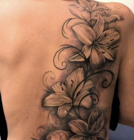 Tiger Lily Tattoos, Lower Back Tattoo Designs, Lillies Tattoo, Lily Tattoo Design, Lily Flower Tattoos, Girl Back Tattoos, Tattoo Pictures, Flower Tattoo Shoulder, Spine Tattoos For Women