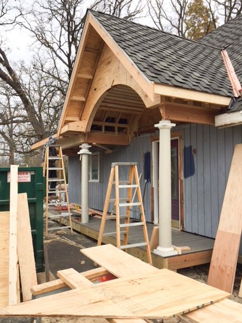 Front Porch Addition To Hip Roof, Roof Before And After, Change Roof Pitch Before And After, Porch Gable, French Country Cottages, Exterior Home Renovation, Front Porch Addition, Shake Roof, Craftsman Design