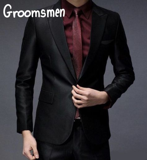 Black Suit Red Undershirt, Full Black Suit With Red Tie, Black Suit Red Shirt Black Tie, Black Suit Burgundy Shirt Men, Red Shirt Black Blazer Outfit Men, Black Suit With Burgundy Shirt, Black Suit Maroon Shirt, Black Suit With Maroon Tie, Black Suit With Red Shirt