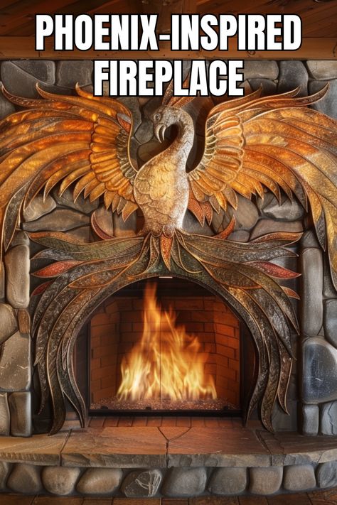 Transform your living space with the magic of phoenix-inspired fireplaces! 🔥 These stunning designs combine warmth and elegance for a truly enchanting home. #FireplaceInspiration #PhoenixDesign #HomeStyle #MythicalDecor #InteriorMagic Dragon Fireplace, Phoenix Home Decor, Moody Celestial, Phoenix Architecture, Phoenix Mosaic, Phoenix Sculpture, Celestial Bedroom, Gothic Illustration, Phoenix Wood Carving