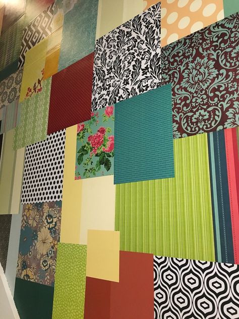 DIY Scrapbook Paper Wall Scrapbook Paper Wallpaper, Wall Fabric Design, Paper Wall Collage, Scrapbook Paper Decor, Diy Wall Papering Ideas Bedroom, Scrapbook Paper Wall Art Diy, Paper On Wall, Decoupage With Scrapbook Paper, Craft Room Wallpaper