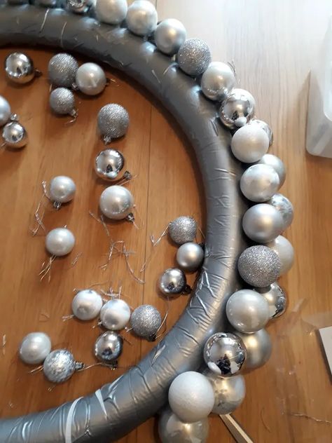 Christmas-mad mum reveals how to make £50 dupe of trendy £200 bauble wreath - Heart Xmas House Decorations, Wedding Baubles, Advent Wreath Diy, Xmas House, Bauble Wreath, Make Your Own Wreath, Craft Challenge, Ball Wreath, Xmas Baubles