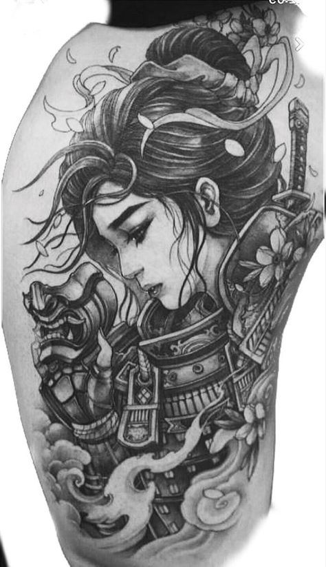 Female Samurai Tattoo, Japanese Girl Tattoo, Tato Geisha, Japanese Forearm Tattoo, Japanese Geisha Tattoo, Japanese Leg Tattoo, Guerriero Samurai, Geisha Tattoo Design, Foo Dog Tattoo