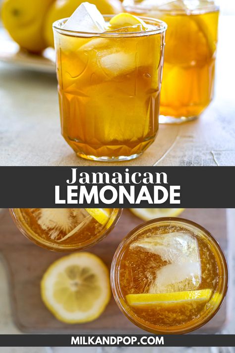 Lemonade in glass with ice and lemons. Special Lemonade Recipe, Jamaican Lemonade Recipe, Cool Recipes For Summer, Jamaican Drinks Non Alcoholic, Creamy Lemonade Recipe, Homemade Refreshers, Irish Lemonade, Fruit Lemonade Recipes, Jamaican Lemonade