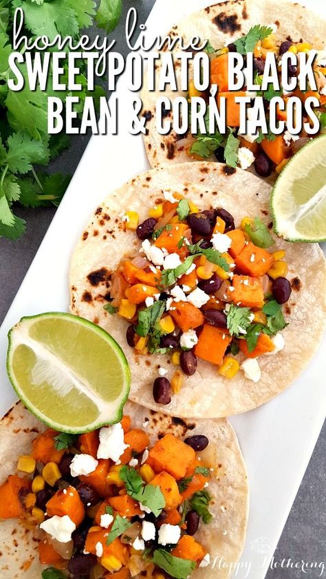 Are you looking for a delicious vegetarian recipe for Meatless Monday? These Honey Lime Sweet Potato, Black Bean and Corn Vegetarian Tacos are the best! Honey Lime Sweet Potato Black Bean Tacos, Sweet Potato And Black Bean Tacos, Sweet Potato Black Bean Tacos, Vegetarian Tacos Recipes, Sweet Potato Tacos, Sweet Potato Black Beans, Vegetarian Tacos, Meatless Monday, Vegetarian Cooking