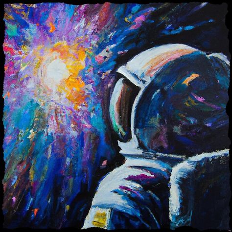 Space Related Paintings, Astronaut Oil Painting, Space Drawing Oil Pastel, Oil Pastel Drawings Space, Space Art Astronaut, Astronaut In Space Painting, Oil Pastel Planets, Space Ideas Drawing, Oil Painting Galaxy