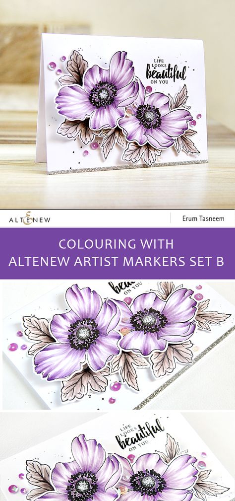 Altenew Build-A-Flower Anemone coloured with Artist markers Set B | Erum Tasneem | @pr0digy0 Spellbinders Betterpress, Erum Tasneem, Flower Anemone, Anemone Bouquet, Artist Markers, Greeting Card Inspiration, Altenew Cards, Narnia Books, Handmade Paper Crafts