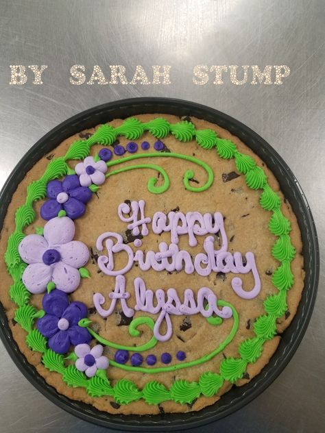 Purple flowers cookie cake- buttercream by Sarah Stump Flower Cookie Cake, Giant Cookie Cake, Cookie Cake Decorations, Cookie Cake Designs, Golf Fitness, Flower Cookie, Cake Writing, Cookie Cake Birthday, Chocolate Chip Cookie Cake