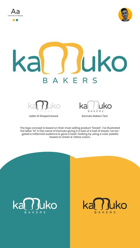 A logo for a bakery which provides quality food. Food Colors Palette, Bread Brands, A Loaf Of Bread, Bakery Food, The Letter M, Color Palette Yellow, Loaf Of Bread, Food Packaging Design, Web Banner Design