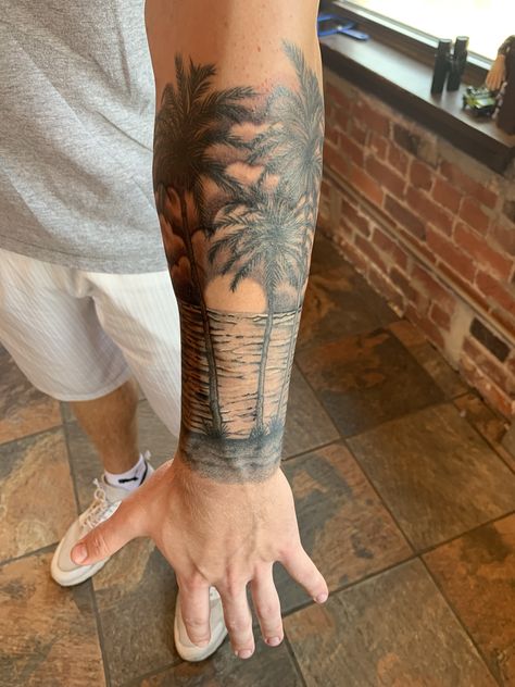 Palm Tree Half Sleeve Tattoo, Forearm Beach Tattoo, Beach Ocean Tattoo, Beach Tattoo For Men, Palm Tree Tattoo Men, Half Sleeve Tattoos For Men Upper Arm, Hawaii Tattoo Ideas, Ocean Flower Tattoo, Sleeve Tattoo For Men