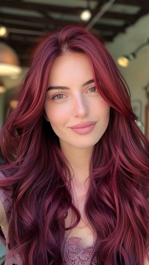 Person with long, wavy burgundy hair smiling warmly indoors. Hair With Colorful Highlights, Burgundy Hair Ideas, Burgundy Hairstyles, Dark Plum Hair, Blonde With Red, Dark Cherry Hair, Beautiful Hair Color Ideas, Gorgeous Red Hair, Colorful Highlights