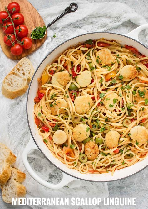 Scallop Linguine, Loaded Guacamole, Couscous Chicken, Mediterranean Seasoning, Scallop Pasta, Mediterranean Diet Recipes Dinners, Water Fruit, Scallop Dishes, Linguine Recipes