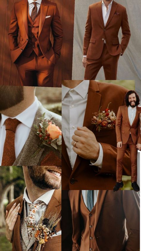 Orange Groomsmen Attire, Burnt Orange Groomsmen Attire, Burnt Orange Groomsmen, Orange Groomsmen, Fall Groom Attire, Fall Wedding Groomsmen, Middle Earth Wedding, Fall Wedding Suits, Brown Wedding Themes