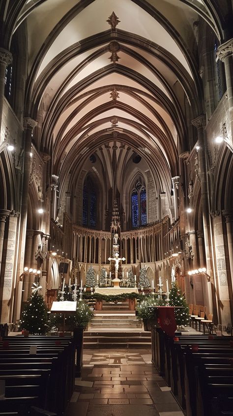 Gothic Cathedral Interior: Stunning Gothic cathedral interior with arches, stained glass windows, and Christmas decorations creating a serene atmosphere. #cathedral #gothic #architecture #interior #stained glass #aiart #aiphoto #stockcake ⬇️ Download and 📝 Prompt 👉 https://ayr.app/l/ZtZB Interior With Arches, Weddings At Night, Gothic Architecture Interior, Cathedral Interior, Ribbed Vault, Gothic Interior, Church Choir, Stone Pillars, Cathedral Architecture