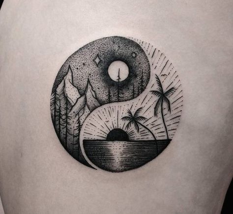 A piece entitled 'Balance' with a winter / summer Yin-Yang symbol. Tattoo by Thomas Eckeard, an artist based in Arcadia, California, USA. Tato Setengah Lengan, Yang Tattoo, Yin Yang Art, Yin Yang Tattoos, Tato Lengan, Kunst Tattoos, Desen Realist, Men Tattoos, Tattoo Photography