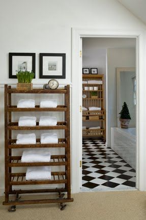 The Polished Pebble: Vintage Kitchen Cart Roundup Bakers Rack, Black And White Tiles, Rustic Shelves, Laundry In Bathroom, Wooden Shelves, Amazing Bathrooms, My Dream Home, Vintage Kitchen, Interior Designers