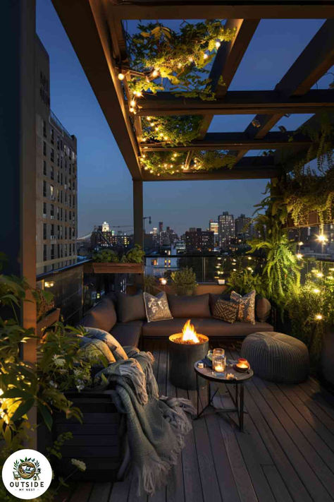 Create a cozy outdoor lounge on your balcony with a fire table and comfy sofa. The ultimate relaxation spot. Tap to explore more balcony lounging ideas! Balcony Ideas Modern Luxury, Comfy Balcony Ideas, Penthouse Balcony Design, Large Balcony Design, Large Balcony Ideas, Apartment Outdoor Space, Luxurious Balcony, Penthouse Balcony, Townhome Ideas