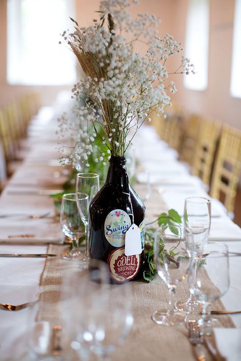 A 1950s-inspired rustic vintage craft beer wedding Planned Elopement, Growler Centerpiece, Vintage Bridal Shower Ideas, Craft Beer Wedding, Beer Themed Wedding, Beer Party Theme, Elopement Celebration, Victory Roll, Old Grist Mill