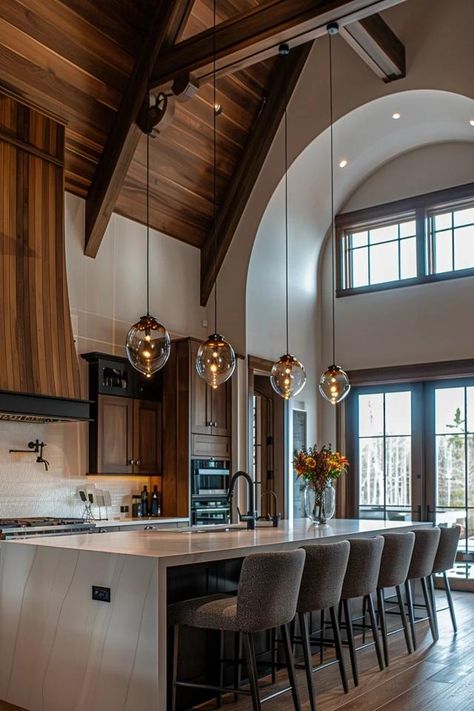 Elevate Your Space: Vaulted Ceiling Kitchen Ideas Vaulted Ceiling Kitchen And Living Room, Kitchen With Beams On Ceiling, Kitchen With Tall Ceilings, Vaulted Kitchen Ceiling, Tall Ceiling Kitchen, Kitchen With Beams, High Ceiling Kitchen, Kitchen Blueprints, Kitchen With High Ceilings