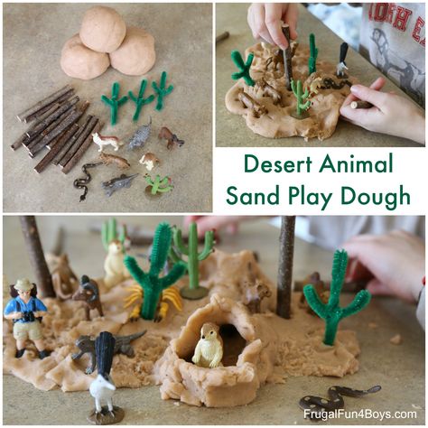 Desert Play Dough Pretend Play – Frugal Fun For Boys and Girls Desert Animals Activities, Dough Sensory Play, Sand Play Dough, Desert Crafts, Zoo Animal Crafts, Habitats Projects, Playdough Activities, Desert Animals, Fun Deserts