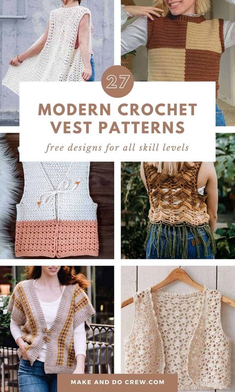 Looking for the best crochet tops? This collection of free crochet vest patterns, curated by Make and Do Crew, is for you. We've gathered our favorite vest outfits - from cropped vest patterns and slip over vest patterns to sleeveless tops and button vest patterns. These stylish patterns can be layered for year round wear. Whether you're looking for new crochet clothes patterns or just a lightweight top for summer, we've got you covered. Visit the blog for the free crochet vest patterns. Crochet Pattern Vest Free, Crocheted Vests For Women Free Patterns, Crochet Long Vest Pattern Free Easy, Crochet Waistcoat Pattern Free Granny Squares, How To Crochet A Vest For Beginners, Crochet Womens Vest, Crochet Tabard Free Pattern, Crochet Sleeveless Sweater Pattern Free, Crochet Vest Tie Sides