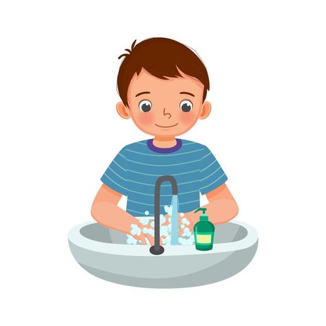 Cute Young boy washing hands with antibacterial soap and running water under faucet at the sink as prevention against Virus and Infection and personal hygiene Wash Hands Illustration, Wash Hand Cartoon, Washing Hands Drawing, Washing Hands Clipart, Wash Drawing, Brother And Sis, Hand Clipart, Proper Hygiene, Time Cartoon