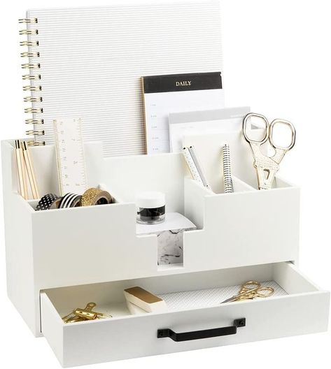 Blu Monaco Office Desk Accessories and Workspace Organizers Storage- White Wood Desk Organizer - Makeup Bathroom Organizer Countertop Organization – Dorm Room Décor White Wood Office, Organization Office Desk, Desk Top Organizer, White Wooden Desk, Small Desk Organization, White Wood Desk, Wood Office Desk, Office Desk Accessories, Wooden Desk Organizer