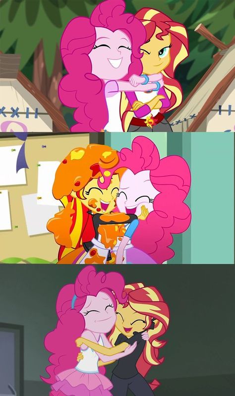 Sunset X Pinkie, Pinkie Pie X Sunset Shimmer, Pinkie Pie And Sunset Shimmer, Friendship Clothes, Pinkie Pie Equestria, Duo Eyes, Legend Of Everfree, Painted Shorts, My Little Pony Equestria