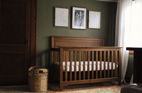 Green Nursery With Dark Furniture, Dark Brown Nursery Furniture, Nursery Ideas Dark Wood, Nursery Ideas Dark, Dark Brown Nursery, Dark Wood Crib Nursery, Nursery Dark Wood, Brown Crib Nursery, Dark Green Nursery Boy