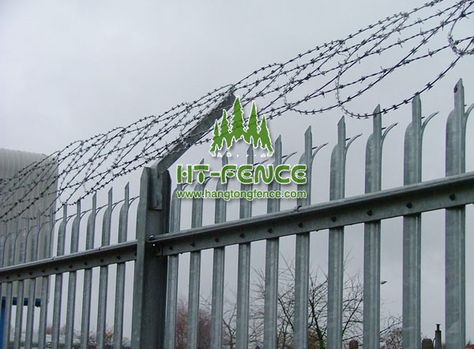 High security palisade #fence Fence Security, Perimeter Wall, Palisade Fence, Security Fencing, Razor Wire, Country Fences, Garden Fence Panels, Natural Fence, Barb Wire