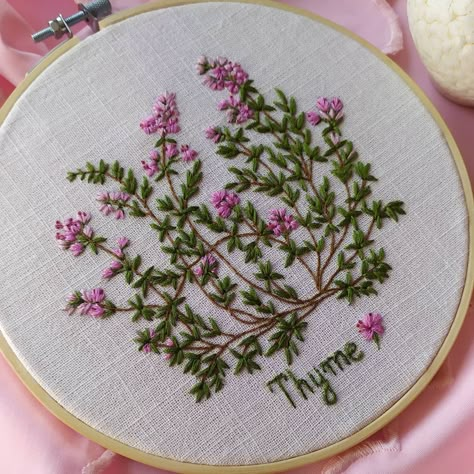 Herb Embroidery Patterns, Embroidery Plant Pattern, Thyme Embroidery, Herbs Embroidery, Herb Embroidery, Wildflower Embroidery, Plant Embroidery, Garden Embroidery, Embroidery Hoop Wall Art