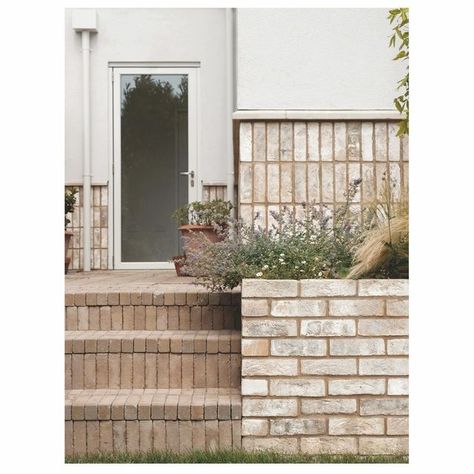 EJ Studio (Lizzie O'Neill) on Instagram: "A third little snapshot of the steps & planting beds at our extension project on Birchall Road. The variation in colour & texture of the vertically stacked bricks is really lovely and sets off the crisp lines of the render and concrete plinth detail. . This view also shows the side of the house & the garage / utility extension which is set back from the main kitchen extension. . Glazing: @origin_global Bricks: ‘Mariziale’ @wienerbergeruk Pavers: ‘Westmi Brick And Concrete Facade, Utility Extension, Terrace Inspiration, Reclaimed Brick Garden, Garage Utility, Brick Extension, Paver Steps, Main Kitchen, Timber Pergola