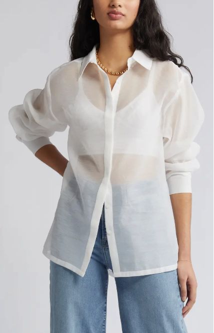 Sheer button down shirt= perfect for layering. Sheer Button Up Blouse Outfit, Button Up Blouse Outfit, Long Sleeve Fitted Top, Three Color Combinations, Mesh Long Sleeve Top, Feminine Blouses, Button Up Blouse, Mesh Long Sleeve, Sheer Fabric