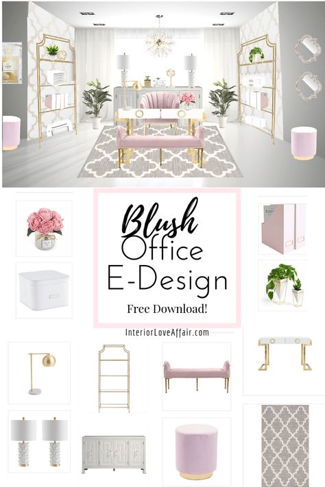 Home Office White Desk, Blush Office, Pretty Home Office, Glam Office, Chic Office Decor, Feminine Home Offices, Pretty Home, Gold Desk, Work Office Decor