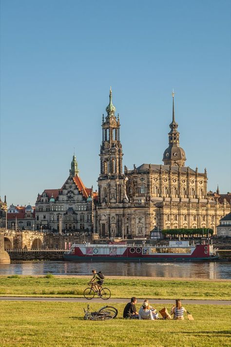 Students enjoy dusk in front the Dresden skyline, Saxony, Germany-Stock Photo Saxony Germany, Dresden Germany, East Europe, Unique Buildings, Saxony, World Cities, Western Europe, Historical Place, Future Travel