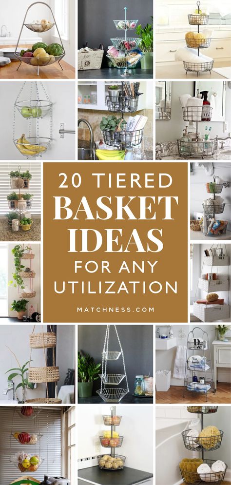 20 Tiered Basket Ideas for Any Utilization - Matchness.com Basket Decor Living Room, Metal Basket Decor Ideas, 3 Tier Basket Stand, Wire Basket Decor Ideas, Metal Basket Decor, Wicker Basket Decor Ideas, Wire Basket Ideas, Wire Basket Decor, Tiered Basket Stand