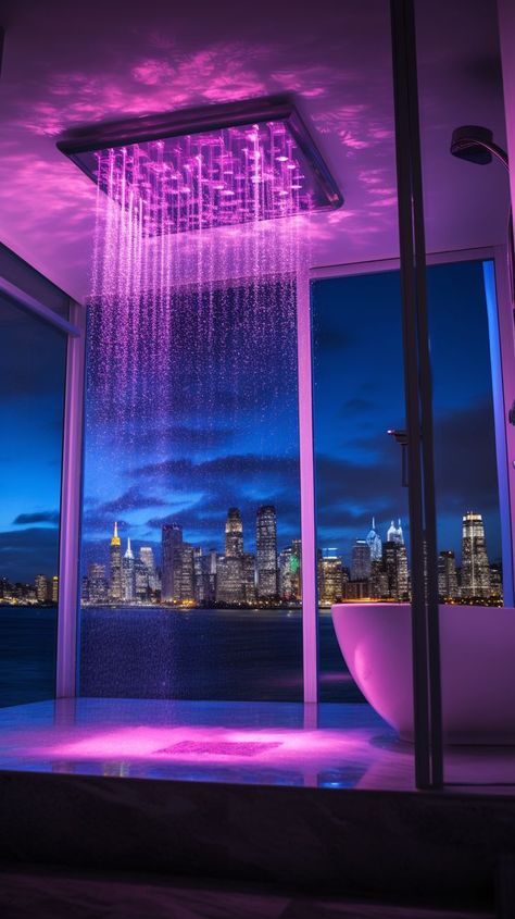 Night City View, Winter Pool, Bathroom Pink, Aesthetic Interior Design, Aesthetic Interior, Dream Shower, Apartment View, Dream Apartment Decor, Future Apartment Decor