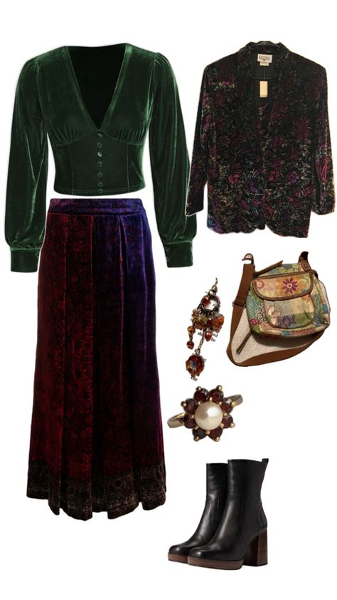 Moody Fall Outfit Moody Fall Aesthetic Outfits, Winter Whimsical Outfit, Jewel Tone Outfits Fall, Art Deco Outfit Modern, Vamp Outfit Style, Whimsigoth Winter Outfits, Whimsigoth Winter, Jewel Tone Outfits, Art Deco Outfit