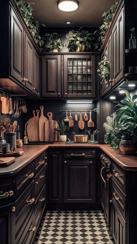 Black White Cottage Kitchen, Small Kitchens With Dark Cabinets, Moody Kitchen Apartment, Dark Interior Small Apartment, Moody Industrial Kitchen, House With Wood Accents Interior, 1920 Remodel Home, Dark Academia Aesthetic Home Interior, Black Kitchen Vintage