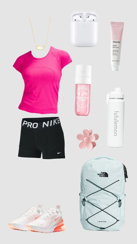 #outfitinspo #aesthetic #preppy #pink #outfits Cheer Outfits For Practice Aesthetic, Preppy Exercise, Preppy Cheer Practice Outfits, Volleyball Fits Preppy, Aesthetic Pink Workout Outfit, North Face Jester, Balm Dotcom, Workout Fits, Dance Outfits