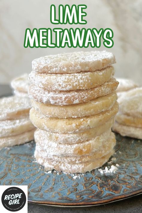 Lime Meltaways recipe from RecipeGirl.com : lime coolers, lime cookies Sprinkles Cookies Recipe, Mint Meltaway Cookies, Lemon Lime Recipes, Recipes Using Limes, Fresh Lime Recipes, Lime Meltaway Cookies, Lemon Meltaway Cookies, Beach Foods, Lemon Meltaways