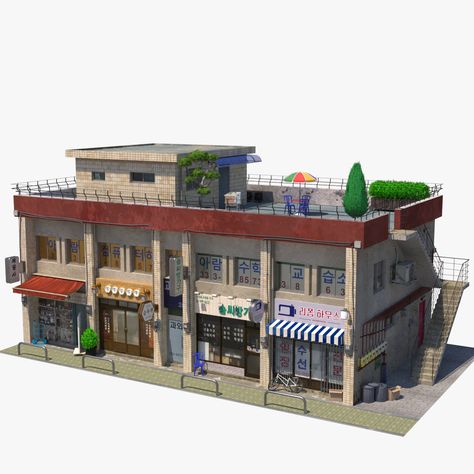 Korean Store Exterior, Thai Apartment Exterior, Korean Rooftop House, Korean Rooftop House Ideas, Korean Apartment Exterior, Mood Station Bloxburg, Korean Apartment Building, Sims 4 For Rent, Japanese Apartment Exterior