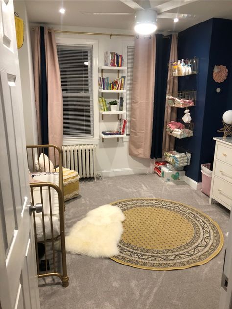 Navy Baby Room, Navy And Pink Nursery, Lily Nursery, Pink Kids Bedrooms, Blush Pink Nursery, Navy Nursery, January Baby, Pink Girl Room, Navy Walls