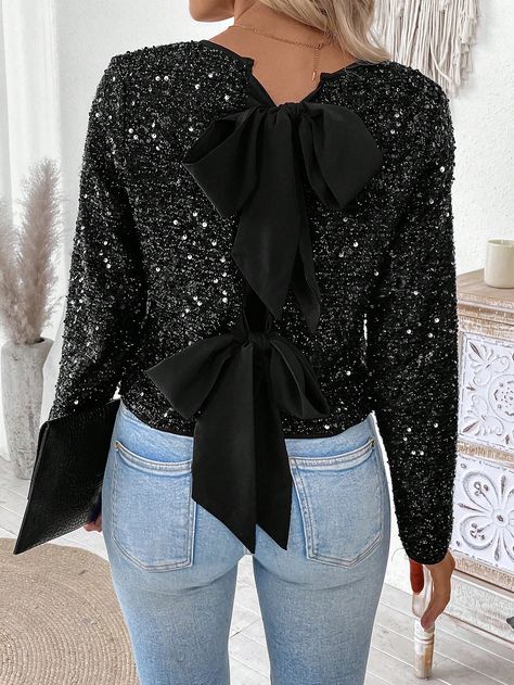 Women's Sparkly Bowknot Detail Black Sequins Jacket With Long Sleeves, Two Ways , Spring/Autumn Black Party  Long Sleeve Sequins Colorblock,Plain,All Over Print  Non-Stretch  Women Clothing, size features are:Bust: ,Length: ,Sleeve Length: Black Sequin Jacket, Sequins Jacket, Effortless Hairstyles, Sequin Jacket, Hair Makeover, Casual Athletic, Diagonal Stripes, Black Party, Kids Sleepwear